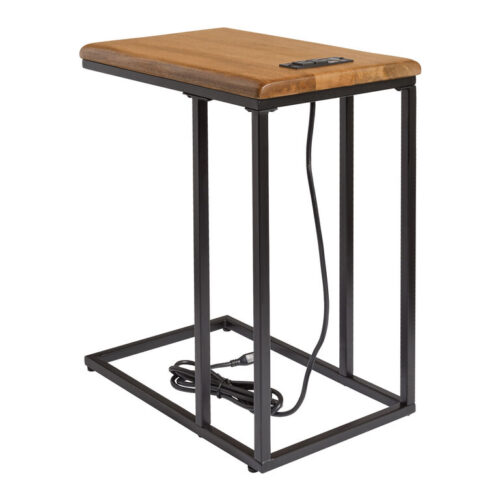 Bryson Wood and Black Metal Laptop C Table with Power Ports