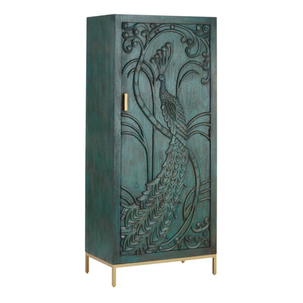 CRAFT Tall Teal Carved Wood Peacock Storage Cabinet