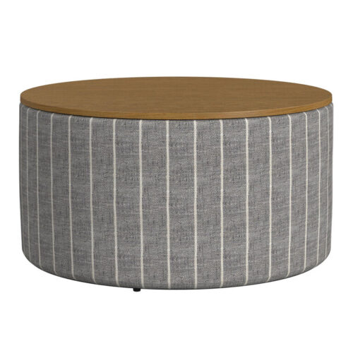 Grant Round Wood Top Pinstripe Upholstered Storage Ottoman Grant Round Wood Top Pinstripe Upholstered Storage Ottoman