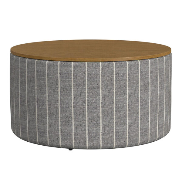 Grant Round Wood Top Pinstripe Upholstered Storage Ottoman