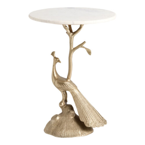 Round White Marble and Antique Brass Peacock Side Table